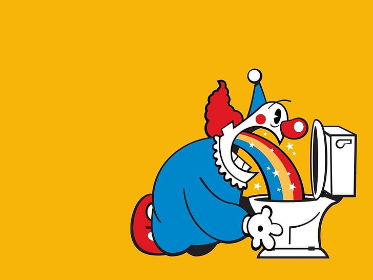 klaun wymiotujący tęczą na ilustracji toalety, humor, klaun, kolorowy, Tapety HD