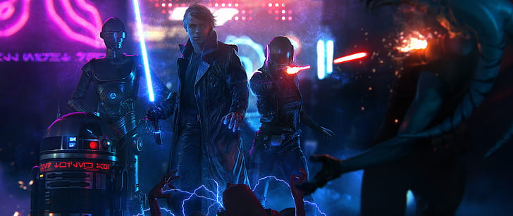 sabre laser, Luke Skywalker, Star Wars, cyberpunk, Fond d'écran HD
