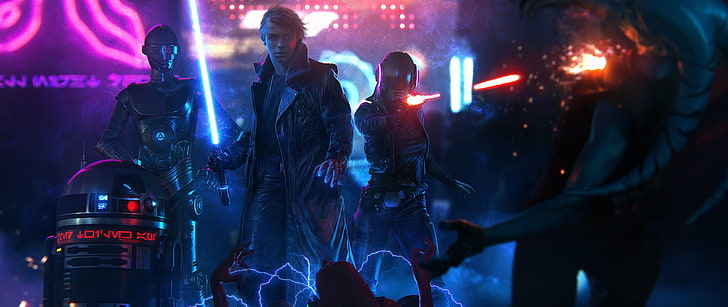 Star Wars wallpaper, Star Wars, cyberpunk, Luke Skywalker, lightsaber, neon, HD wallpaper