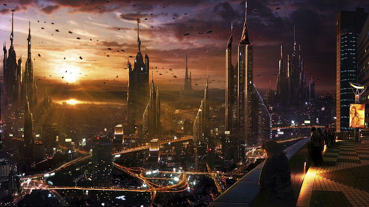 Futuristisk metropol, futuristiska stadsbyggnader, fantasi, 1920x1080, stad, framtid, HD tapet