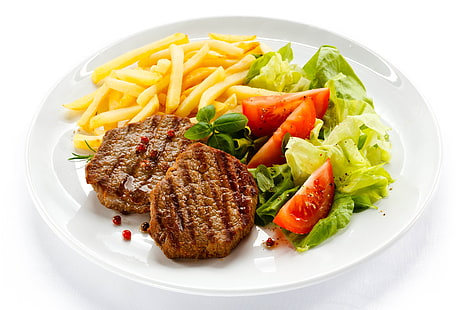 Koteletts, Fleischgerichte, Kartoffeln, Teller, Salat, Gemüse, weißer Hintergrund, HD-Hintergrundbild HD wallpaper