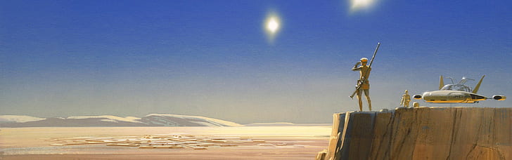 สตาร์วอร์สงานศิลปะทะเลทราย tatooine จอภาพสองจอ, วอลล์เปเปอร์ HD