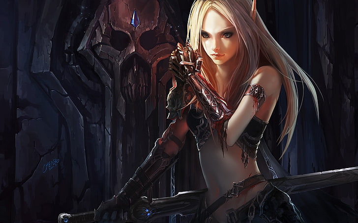 mujer con ilustración de espada, sin título, anime, videojuegos, duendes, chica de fantasía, arte de fantasía, guerrero, Fondo de pantalla HD