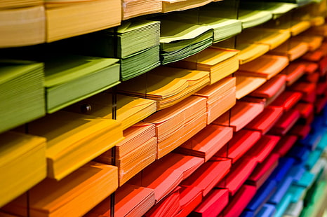 bookstore, color, colorful, colourful, creative, data, folders, pile, red, row, shelves, stacks, stationery, public domain images, HD wallpaper HD wallpaper