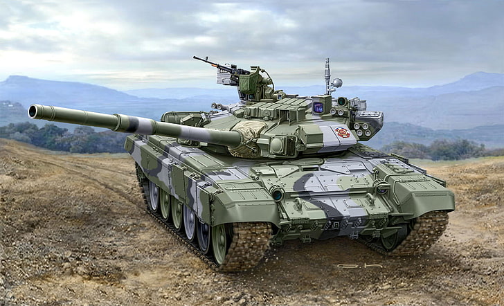 zielono-szary czołg bojowy, sztuka, artysta, czołg, Rosja, wielokąt, broń, ćwiczenia, broń, rosyjski, NSVT, kaliber, MBT lub, 125 mm, 62 mm, T-90A, 7 mm, PKT, DOP, G , Klawek., Cord, Reflex-M, Tapety HD