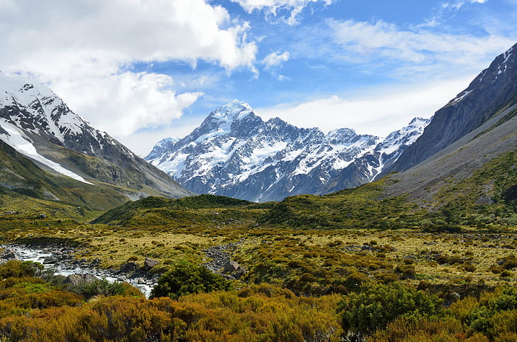 mountain covered white snow under white clouds, mountain, covered, white clouds, New Zealand, Canterbury, Mount Cook National Park, Hooker Valley Track, Aotearoa, Southern Alps, sky, river, Aoraki  Mount Cook, day, nature, scenics, landscape, outdoors, mountain Peak, snow, summer, HD wallpaper