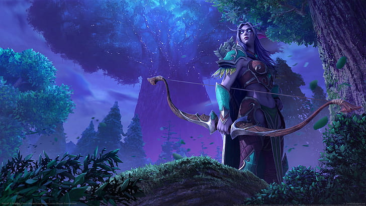 Warcraft III, Warcraft III: Reforged, videojuegos, arte de videojuegos, arte digital, elfos, elfos de la noche, Sylvanas Windrunner, arco, árboles, Fondo de pantalla HD