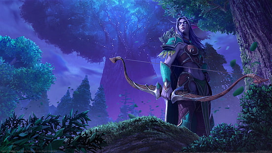 Warcraft III, Warcraft III: Reforged, видеоигры, видеоигры, цифровое искусство, эльфы, ночные эльфы, Сильвана Ветрокрылая, лук, деревья, HD обои HD wallpaper