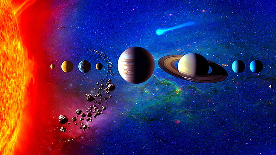 tata surya, sistem planet, planet, seni ruang, ruang, planet, alam semesta, matahari, bumi, saturnus, uranus, mars, neptune, asteroid, venus, pluto, Wallpaper HD HD wallpaper