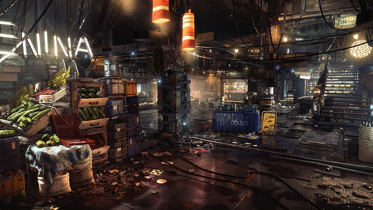 lampu gantung oranye dan putih, Deus Ex: Mankind Divided, video game, Deus Ex, cyberpunk, Wallpaper HD