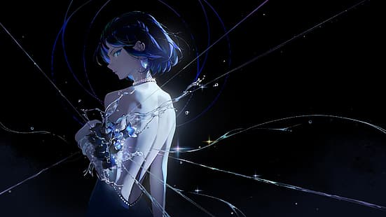 Genshin Impact, произведение искусства, Yelan (Genshin Impact), аниме, аниме девушки, короткие волосы, серьги, ожерелье, голые плечи, HD обои HD wallpaper