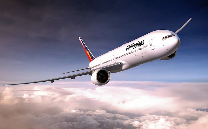 Philippine Airlines aereo di linea, Il cielo, Nuvole, Bianco, L'aereo, Ali, Boeing, Aviazione, 777, In The Air, Mosche, Aereo di linea, Sfondo HD