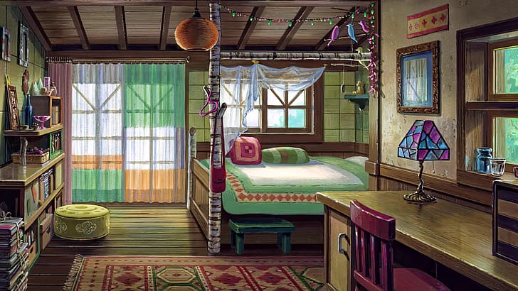 When Marnie Was There, Studio Ghibli, анимационни филми, кадри от филми, интериор, аниме, маса, легло, завеси, килим, прозорец, възглавница, HD тапет