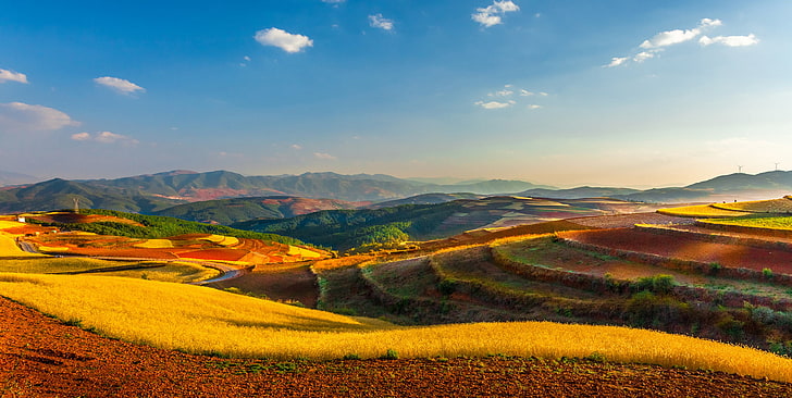 green terraces, field, the sky, clouds, hills, horizon, China, farm, power lines, Yunnan, Kunming, HD wallpaper