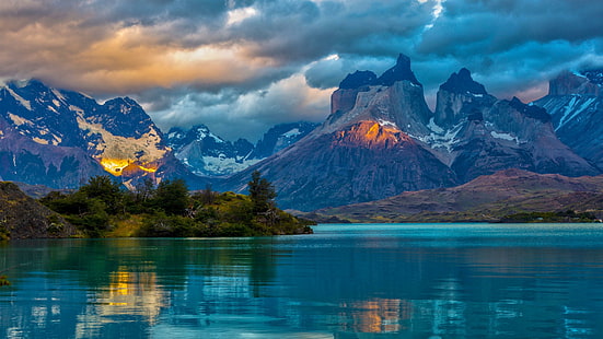 mountain range, mountain lake, patagonia, chilean patagonia, glacial lake, glaciers, landscape, chile, torres del paine, atmosphere, torres del paine national park, national park, cloud, lake, wilderness, water, mountain, cloudy, sky, reflection, HD wallpaper HD wallpaper