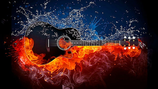 Giutar, вода, фэнтези, огонь, всплеск, капли, пламя, цифровое искусство, HD обои HD wallpaper