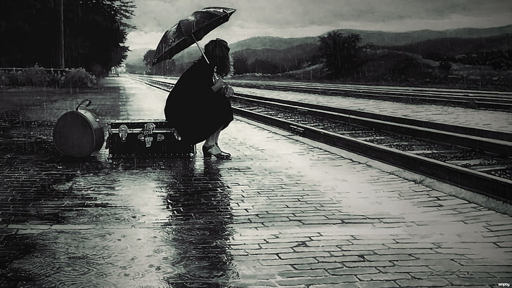 people, train, women, rain, umbrella, HD wallpaper
