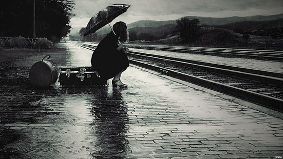 ludzie, pociąg, kobiety, deszcz, parasol, Tapety HD HD wallpaper
