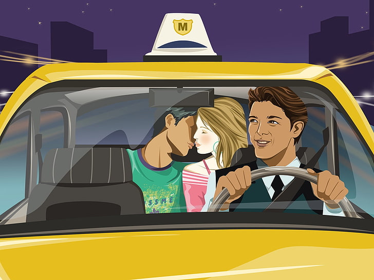 человек за рулем желтого автомобиля иллюстрация, такси, пара, машина, поцелуй, HD обои