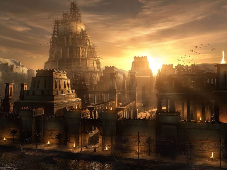 고층 갈색 콘크리트 건물, 바빌론, 타워, HD 배경 화면