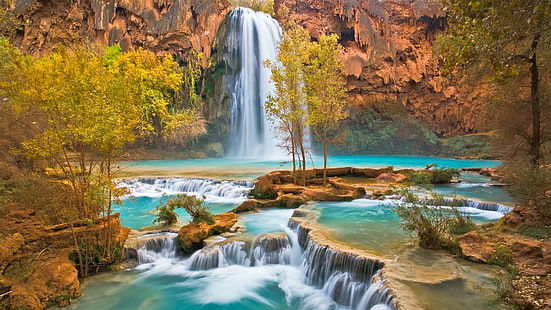 waterfalls on orange rock mountain painting, nature, waterfall, fall, HD wallpaper HD wallpaper