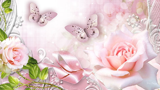 Rose Pink Glow, nastro, impreziosito, papillon, luminoso, foglie, fiori, farfalla, fiori, rosa, primavera, estate, Sfondo HD HD wallpaper