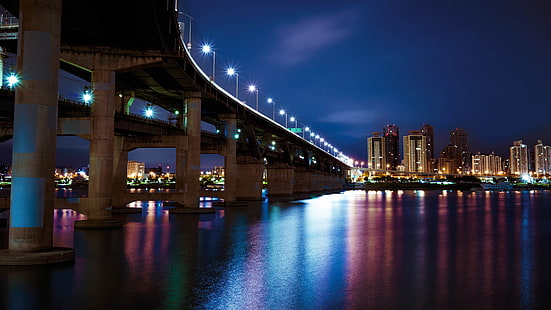 清dam橋、都市景観、夜、水、橋、空、照明、スカイライン、ダウンタウン、夜、ソウル、韓国、漢江、川、 HDデスクトップの壁紙 HD wallpaper