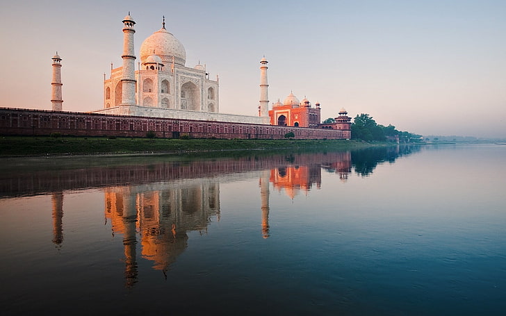 masjid beig, india, taj mahal, sungai, yamuna, fajar, Wallpaper HD