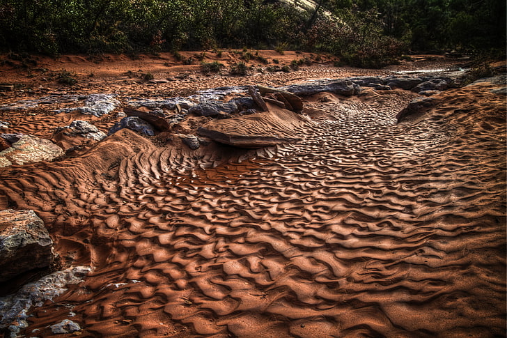 갈색 모래, 모래, 모래 언덕, 강바닥, 강, HDR, HD 배경 화면