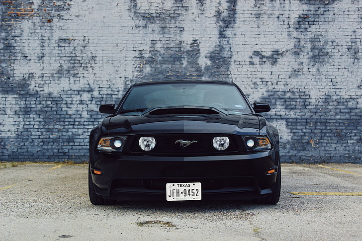 black Ford Mustang coupe, ford mustang, car, black, front view, HD wallpaper