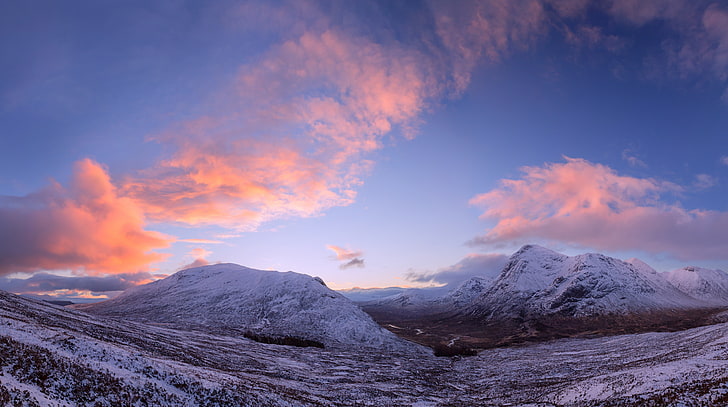 スコットランドのハイランドの冬のHD壁紙、雪山、ヨーロッパ、イギリス、自然、美しい、風景、風景、谷、夜明け、山、スコットランド、ハイランド、パノラマ、パノラマ、美しい、イギリス、グレンコー、 HDデスクトップの壁紙