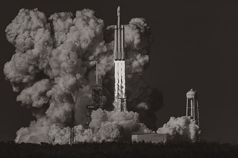 œuvres d'art, Elon Musk, Falcon Heavy, lancement, monochrome, fusée, SpaceX, Fond d'écran HD HD wallpaper