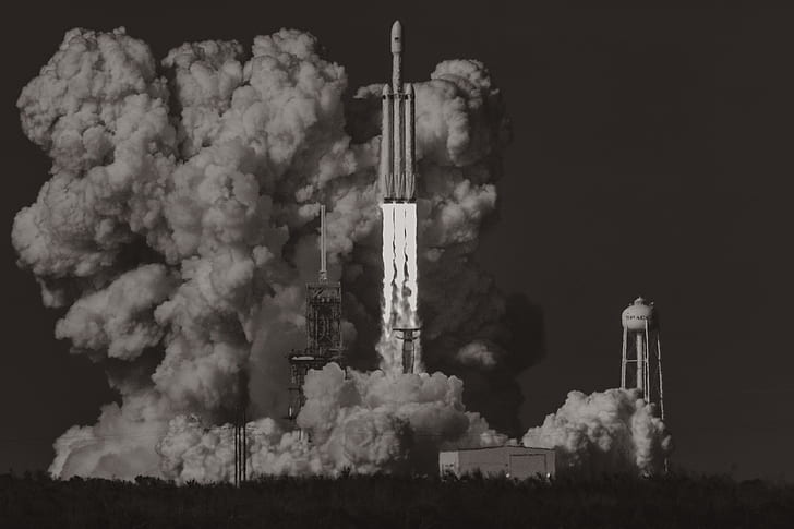 Launch, Elon Musk, artwork, SpaceX, Falcon Heavy, monochrome, rocket, HD wallpaper