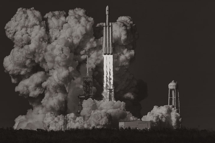 ilustracja promu kosmicznego, start, monochromatyczny, grafika, rakieta, SpaceX, Falcon Heavy, Elon Musk, Tapety HD
