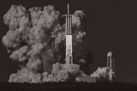 ilustracja promu kosmicznego, start, monochromatyczny, grafika, rakieta, SpaceX, Falcon Heavy, Elon Musk, Tapety HD HD wallpaper