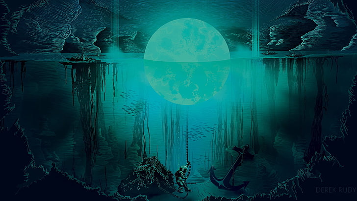 lune reflétant sur fond d'écran numérique de plan d'eau, Derek Rudy, lune, art numérique, bleu, mer, sous l'eau, œuvres d'art, plongeurs, Fond d'écran HD