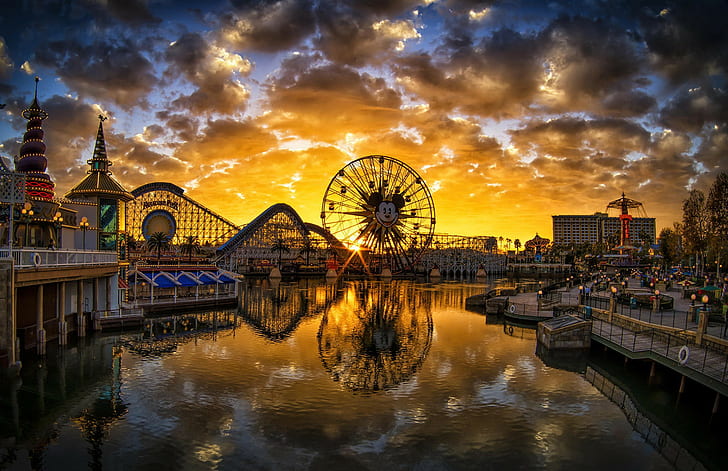 California, Disneyland, Paradise Pier Sunset, California, Disneyland, Sunset, Fondo de pantalla HD