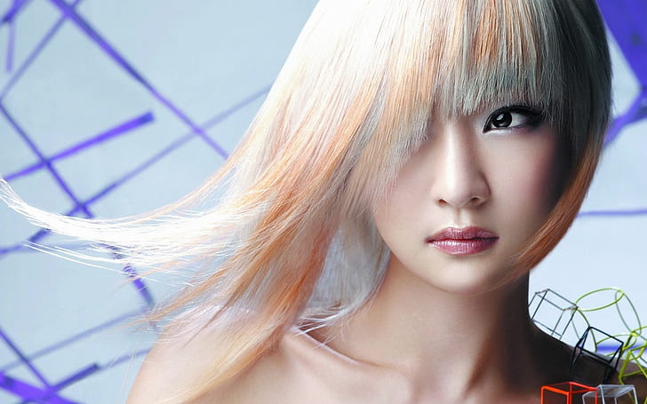 Menina asiática, cabelos brancos, olhos, maquiagem, mulher de cabelos laranja, Asiática, Menina, branco, cabelos, olhos, maquiagem, HD papel de parede