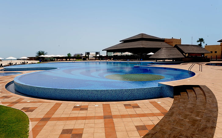 swimming pool, beach, bungalow, resort, HD wallpaper