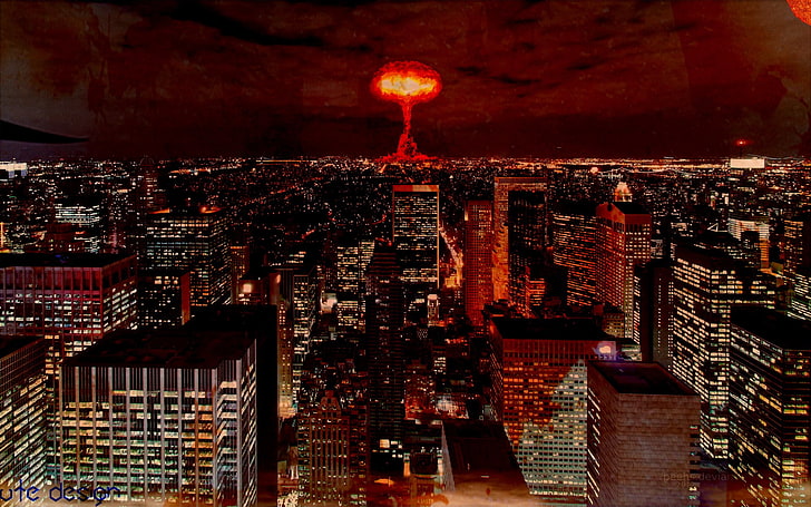 casa nera e rossa, apocalittico, paesaggio urbano, bomba atomica, arte digitale, buio, cielo, rosso, arancione, Sfondo HD