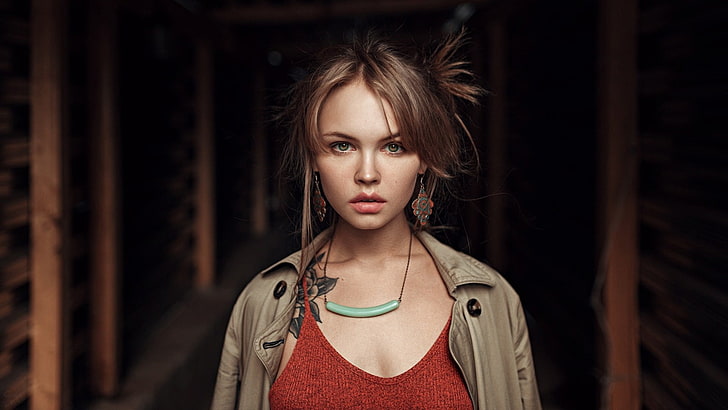 women, Anastasia Scheglova, tattoo, portrait, Georgy Chernyadyev, trench coat, grey coat, green eyes, HD wallpaper