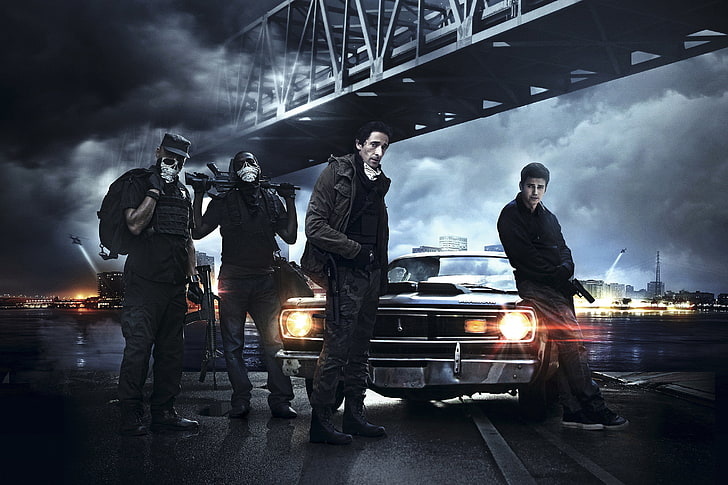 auto, night, clouds, bridge, the city, lights, river, weapons, helicopters, mask, poster, James, headlights, Hayden Christensen, Ray, Frankie, Akon, Sugar, Adrien Brody, American Heist, Eikon, The robbery of the American, Adrian Brody, Tory Kittles, HD wallpaper