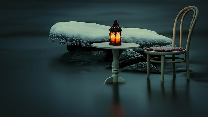 photography artwork nature water snow winter rock stones table chair ice icicle lantern lamps blurred reflection long exposure candles, HD wallpaper