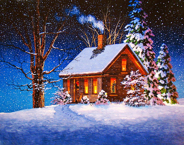 Holiday, Christmas, Artistic, Cabin, House, Snow, Snowfall, Tree, Winter, HD wallpaper