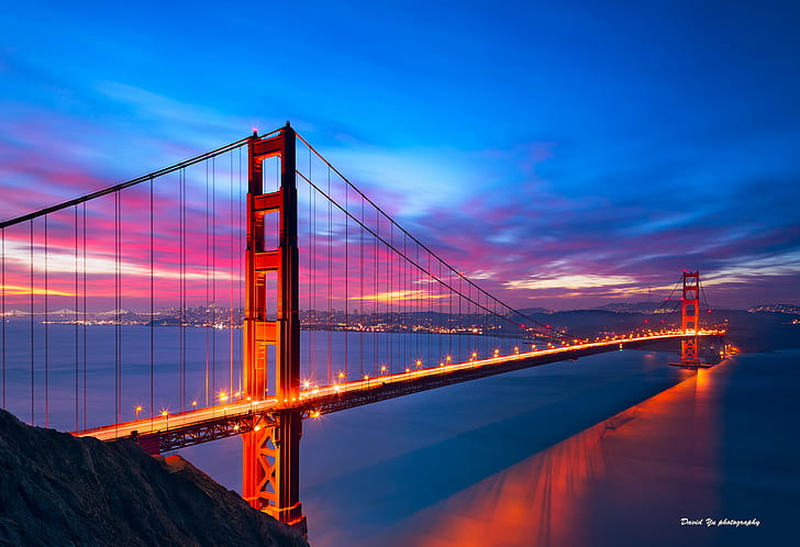 Мост Golden Gate, Сан Франциско, Сан Франциско, Зората, Цветове, Сан Франциско Golden Gate, Golden Gate Bridge, SFist, продължителна експозиция, Калифорния, прочутото място, окръг Сан Франциско, САЩ, мост - изкуствена конструкция, окачен мост, архитектура, море, червено, залез, небе, здрач, HD тапет