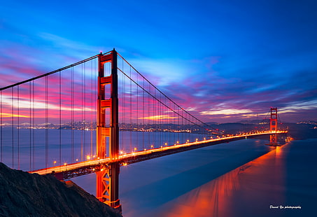 Golden Gate Bridge, San Francisco, san francisco, Dawn, Colors, San Francisco Golden Gate, Golden Gate Bridge, SFist, larga exposición, california, famoso lugar, san Francisco County, Estados Unidos, puente - Estructura artificial, puente colgante, arquitectura,mar, rojo, atardecer, cielo, anochecer, Fondo de pantalla HD HD wallpaper