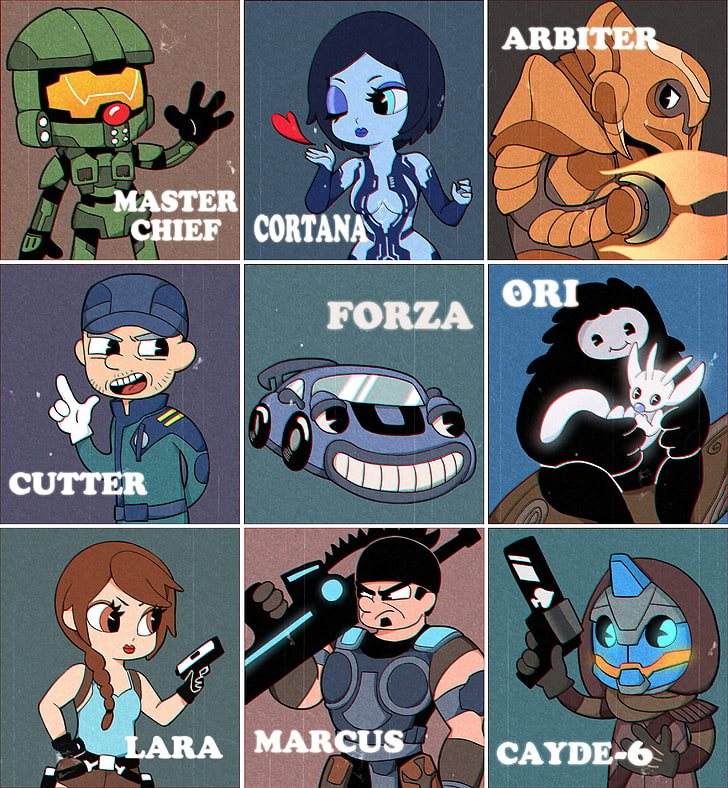 game application character, video games, Ori, Forza, Halo, Gears of War, Lara Croft, chromatic aberration, Cuphead (Video Game), Cuphead, Tomb Raider, HD wallpaper