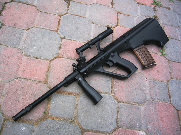 black automatic rifle, machine, black color, bullpup, Steyr aug, HD wallpaper
