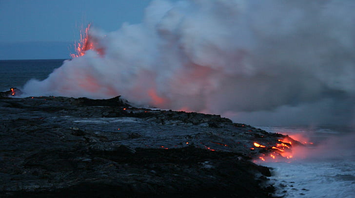 Lava Entering The Sea, lava, lava stone, heat, steam, 3d and abstract, HD wallpaper