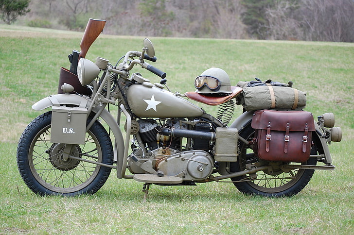gray and black cruiser motorcycle, engine, model, color, soldiers, khaki, motorcycle, military, American, was, Harley-Davidson, for, WW2, historical, main, had, 1942., equipped, inches, club., order, two-cylinder, V-neck, transport, cubic, cylinders, WLA, volume, means, painted, HD wallpaper
